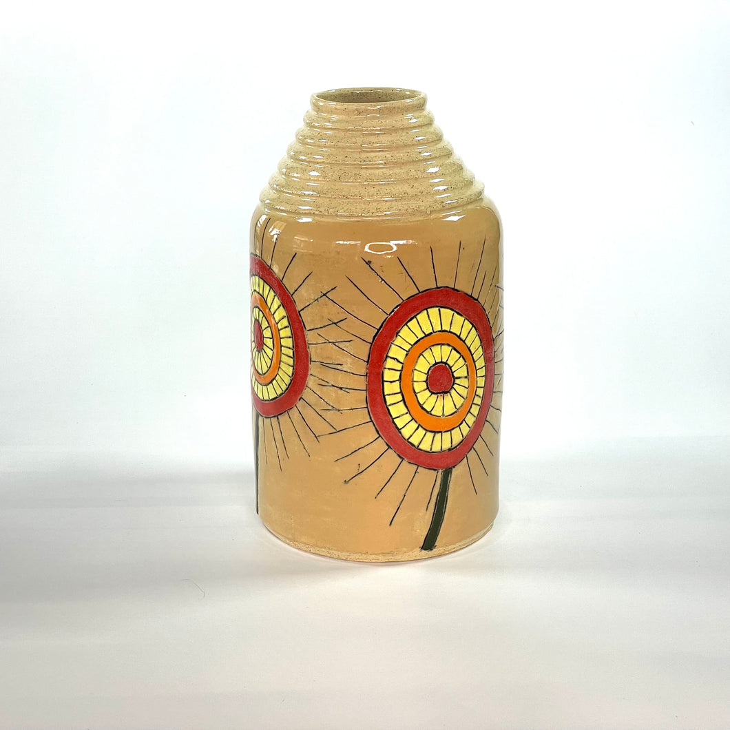 Sgraffito Yellow Vase with Red Flowers
